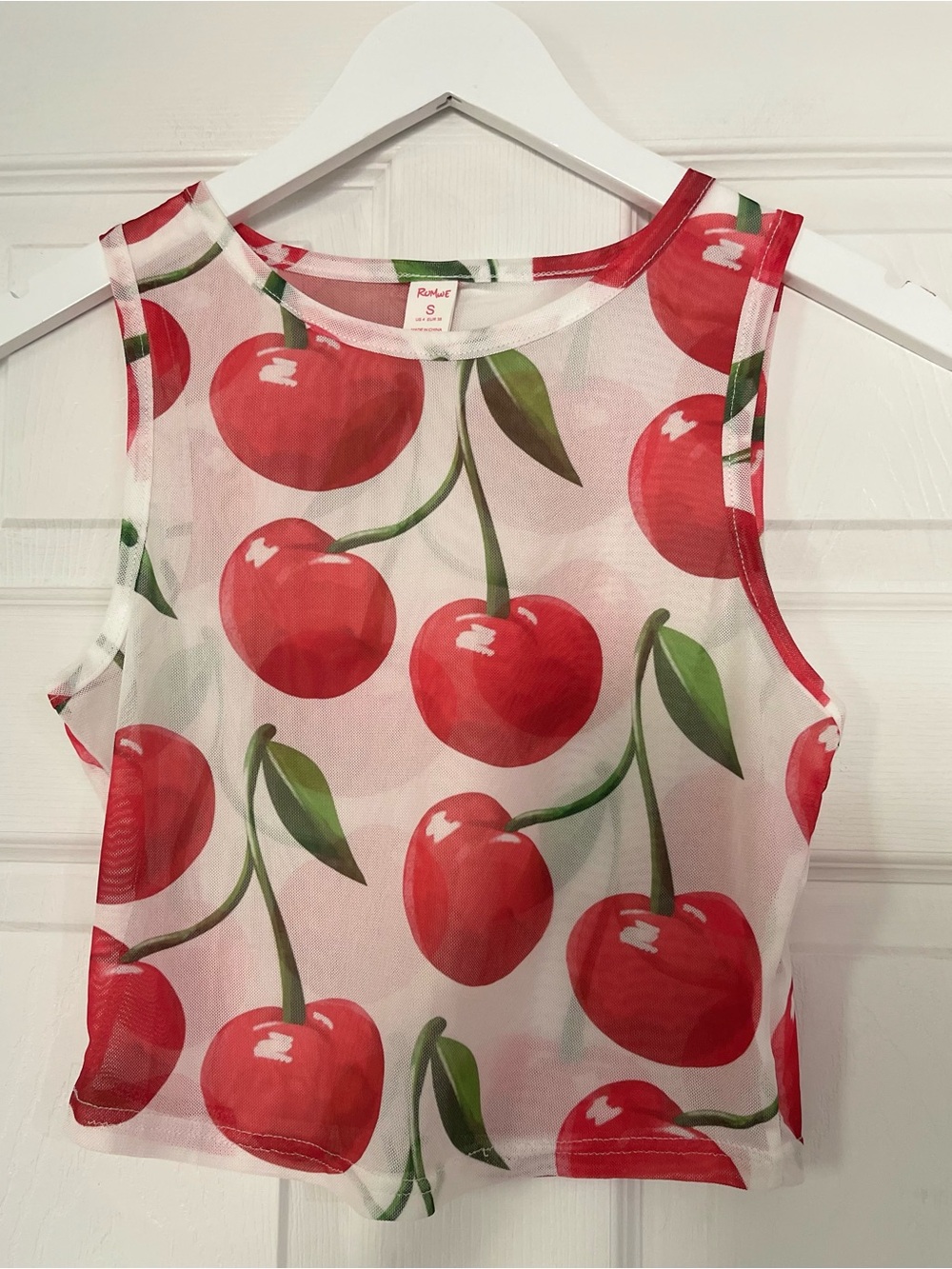 ROMWE White sheer Tank Top with Red Cherry Print hot girl summer small